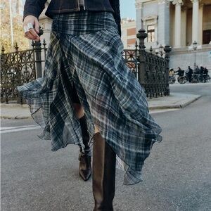 ZARA PLAID ASYMMETRIC MIDI SKIRT